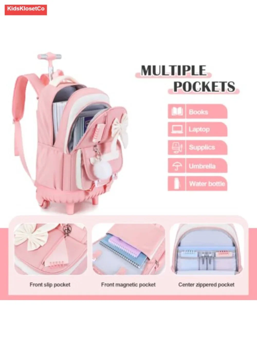 Rolling Backpack Girls 3PC Set with Lunch Bag & Pencil Case Wheeled Bookbag